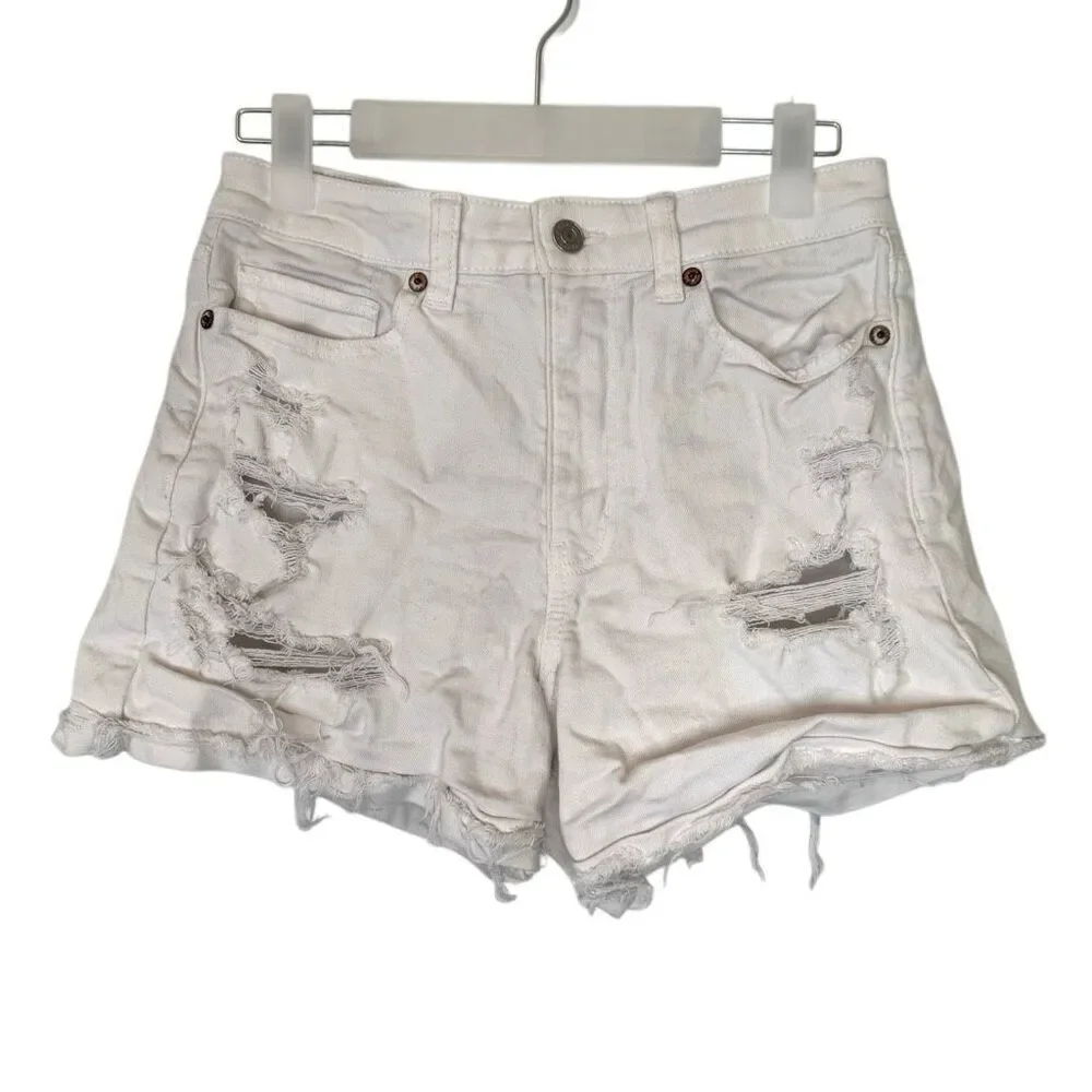 American Eagle High Rise Stretch Distressed White Mom Jean Shorts Size 2